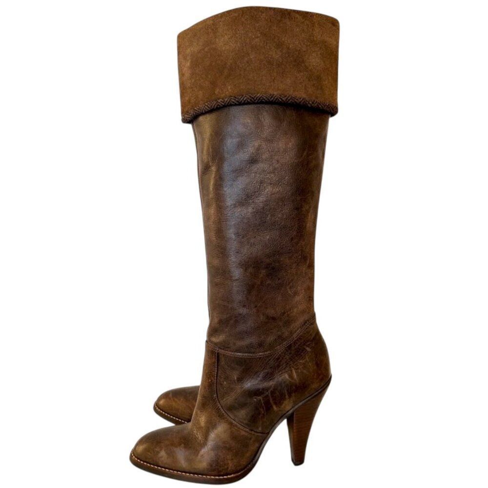 STEVE MADDEN Mottt Suede Cuff Tall Heeled Leather Boots 7 Herringbone Trim Knee